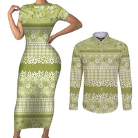 Hawaiian Hibiscus Honu Couples Matching Short Sleeve Bodycon Dress and Long Sleeve Button Shirt Sage Green Mele Kalikimaka Palaka Spirit - Polynesian Pride