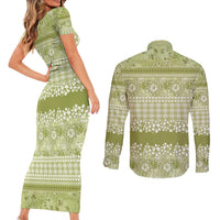 Hawaiian Hibiscus Honu Couples Matching Short Sleeve Bodycon Dress and Long Sleeve Button Shirt Sage Green Mele Kalikimaka Palaka Spirit - Polynesian Pride