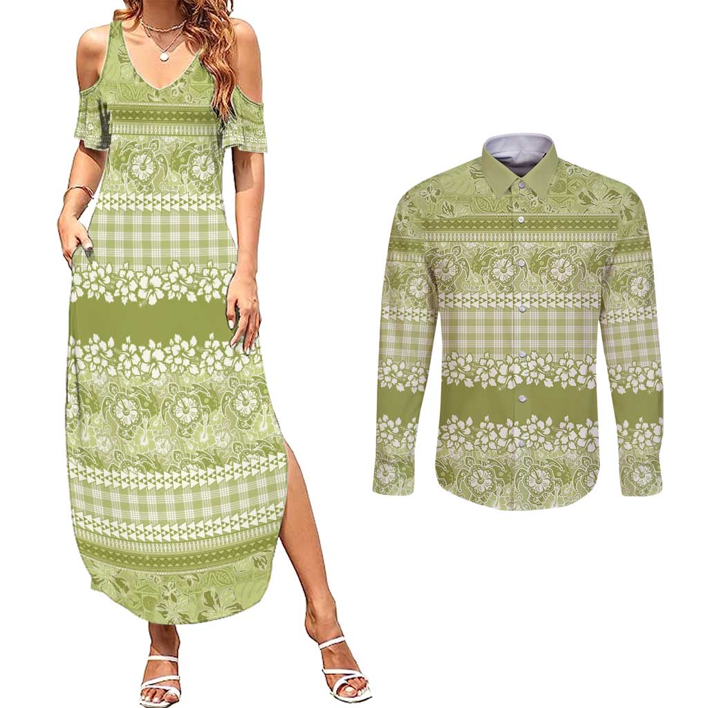 Hawaiian Hibiscus Honu Couples Matching Summer Maxi Dress and Long Sleeve Button Shirt Sage Green Mele Kalikimaka Palaka Spirit - Polynesian Pride