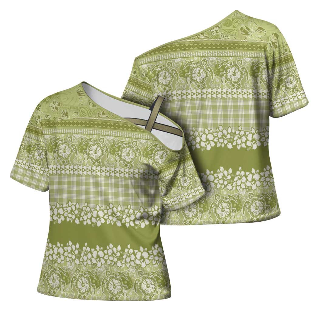 Hawaiian Hibiscus Honu Cross Shoulder Shirt Sage Green Mele Kalikimaka Palaka Spirit - Polynesian Pride