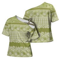 Hawaiian Hibiscus Honu Cross Shoulder Shirt Sage Green Mele Kalikimaka Palaka Spirit - Polynesian Pride