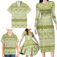 Hawaiian Hibiscus Honu Family Matching Long Sleeve Bodycon Dress and Hawaiian Shirt Sage Green Mele Kalikimaka Palaka Spirit - Polynesian Pride