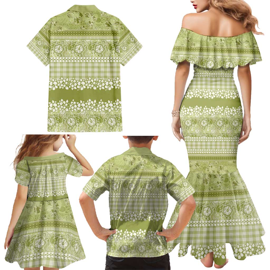 Hawaiian Hibiscus Honu Family Matching Mermaid Dress and Hawaiian Shirt Sage Green Mele Kalikimaka Palaka Spirit - Polynesian Pride