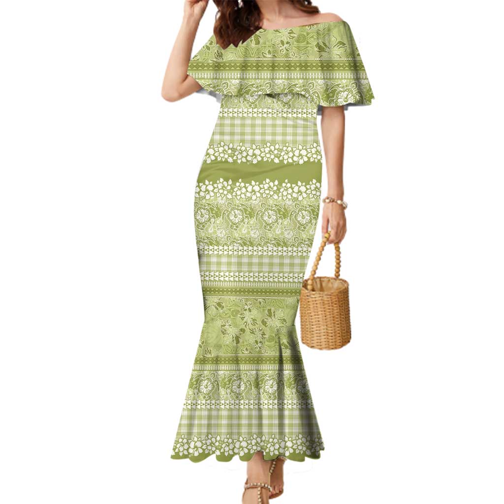 Hawaiian Hibiscus Honu Family Matching Mermaid Dress and Hawaiian Shirt Sage Green Mele Kalikimaka Palaka Spirit - Polynesian Pride