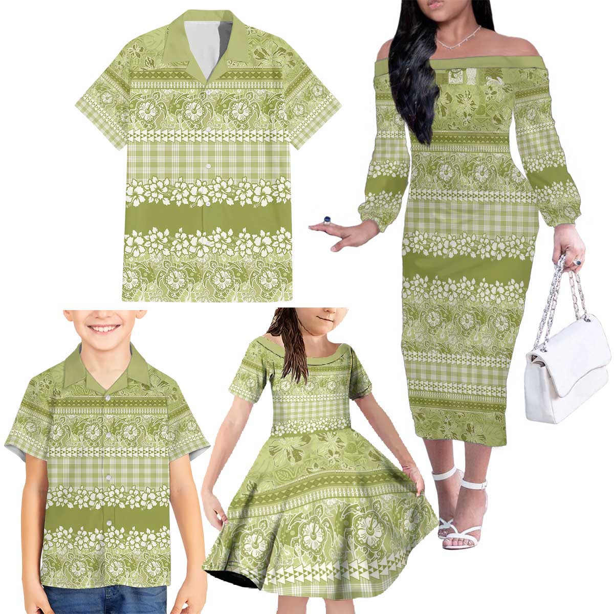 Hawaiian Hibiscus Honu Family Matching Off The Shoulder Long Sleeve Dress and Hawaiian Shirt Sage Green Mele Kalikimaka Palaka Spirit - Polynesian Pride