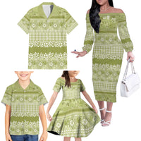 Hawaiian Hibiscus Honu Family Matching Off The Shoulder Long Sleeve Dress and Hawaiian Shirt Sage Green Mele Kalikimaka Palaka Spirit - Polynesian Pride