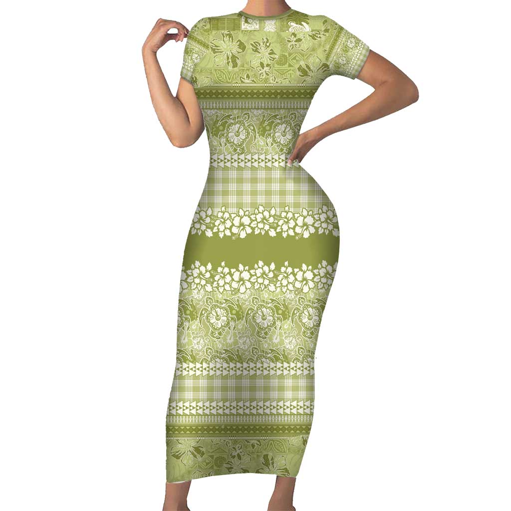 Hawaiian Hibiscus Honu Family Matching Short Sleeve Bodycon Dress and Hawaiian Shirt Sage Green Mele Kalikimaka Palaka Spirit - Polynesian Pride