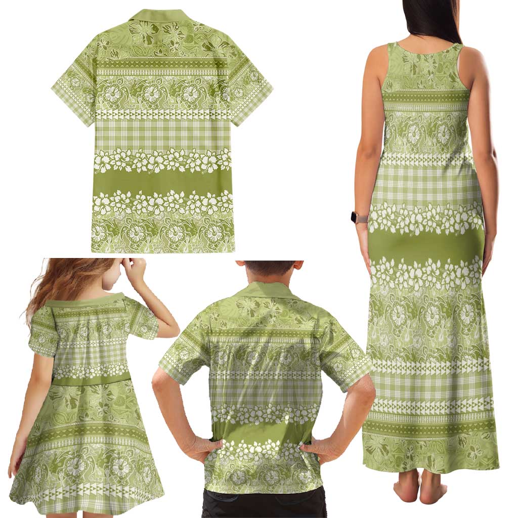 Hawaiian Hibiscus Honu Family Matching Tank Maxi Dress and Hawaiian Shirt Sage Green Mele Kalikimaka Palaka Spirit - Polynesian Pride