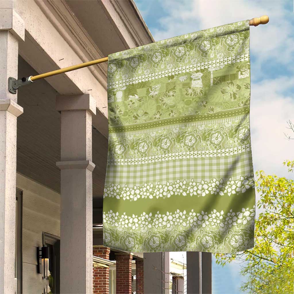 Hawaiian Hibiscus Honu Garden Flag Sage Green Mele Kalikimaka Palaka Spirit - Polynesian Pride