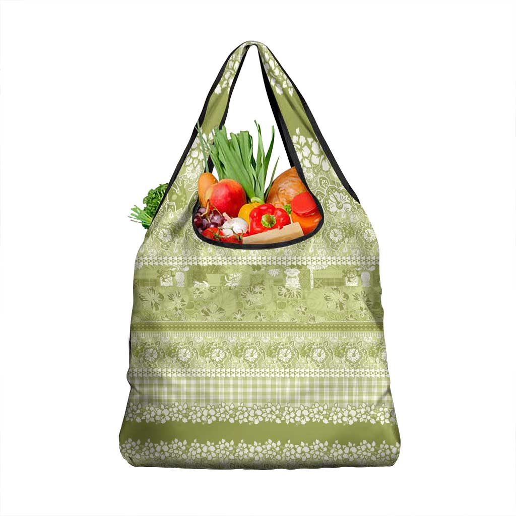 Hawaiian Hibiscus Honu Grocery Bag Sage Green Mele Kalikimaka Palaka Spirit - Polynesian Pride