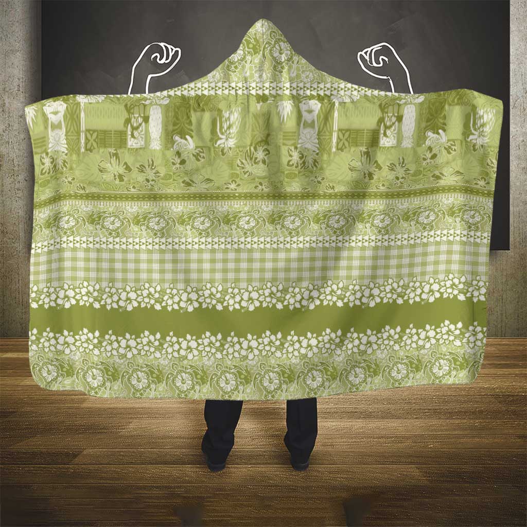 Hawaiian Hibiscus Honu Hooded Blanket Sage Green Mele Kalikimaka Palaka Spirit - Polynesian Pride
