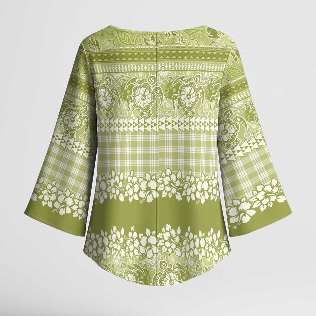 Hawaiian Hibiscus Honu Kimono Sleeve Blouse Sage Green Mele Kalikimaka Palaka Spirit - Polynesian Pride