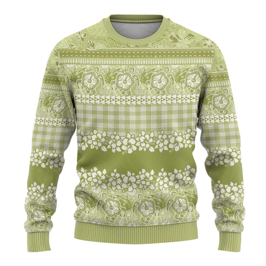 Hawaiian Hibiscus Honu Ugly Christmas Sweater Sage Green Mele Kalikimaka Palaka Spirit - Polynesian Pride