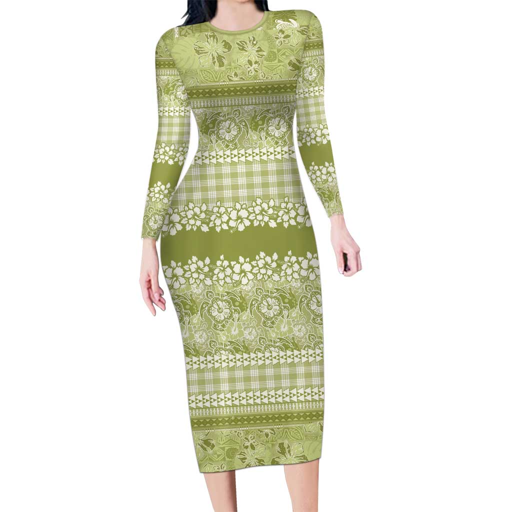 Hawaiian Hibiscus Honu Long Sleeve Bodycon Dress Sage Green Mele Kalikimaka Palaka Spirit - Polynesian Pride