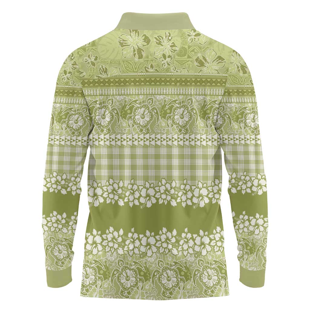 Hawaiian Hibiscus Honu Long Sleeve Polo Shirt Sage Green Mele Kalikimaka Palaka Spirit - Polynesian Pride