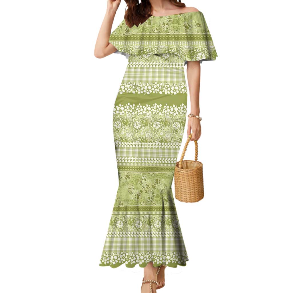 Hawaiian Hibiscus Honu Mermaid Dress Sage Green Mele Kalikimaka Palaka Spirit - Polynesian Pride