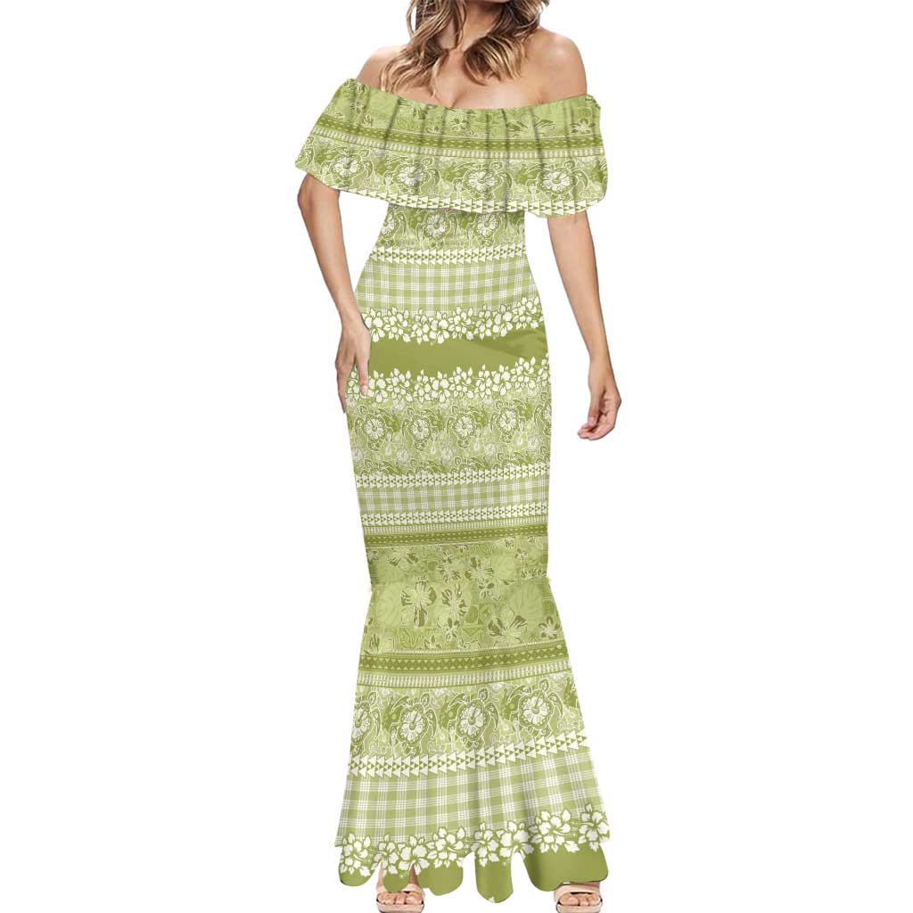 Hawaiian Hibiscus Honu Mermaid Dress Sage Green Mele Kalikimaka Palaka Spirit - Polynesian Pride