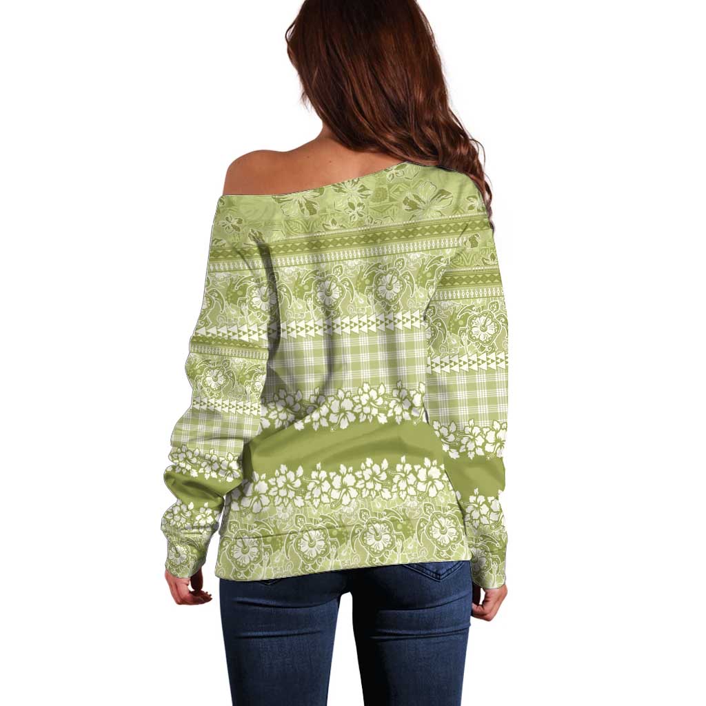 Hawaiian Hibiscus Honu Off Shoulder Sweater Sage Green Mele Kalikimaka Palaka Spirit - Polynesian Pride