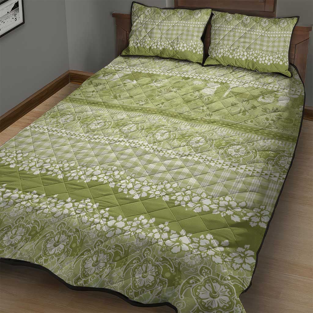 Hawaiian Hibiscus Honu Quilt Bed Set Sage Green Mele Kalikimaka Palaka Spirit - Polynesian Pride