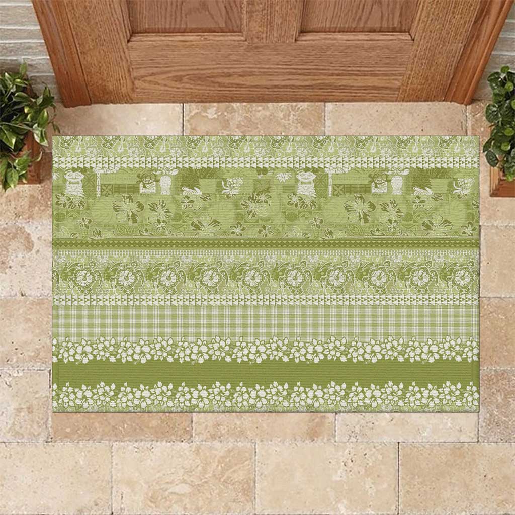 Hawaiian Hibiscus Honu Rubber Doormat Sage Green Mele Kalikimaka Palaka Spirit - Polynesian Pride