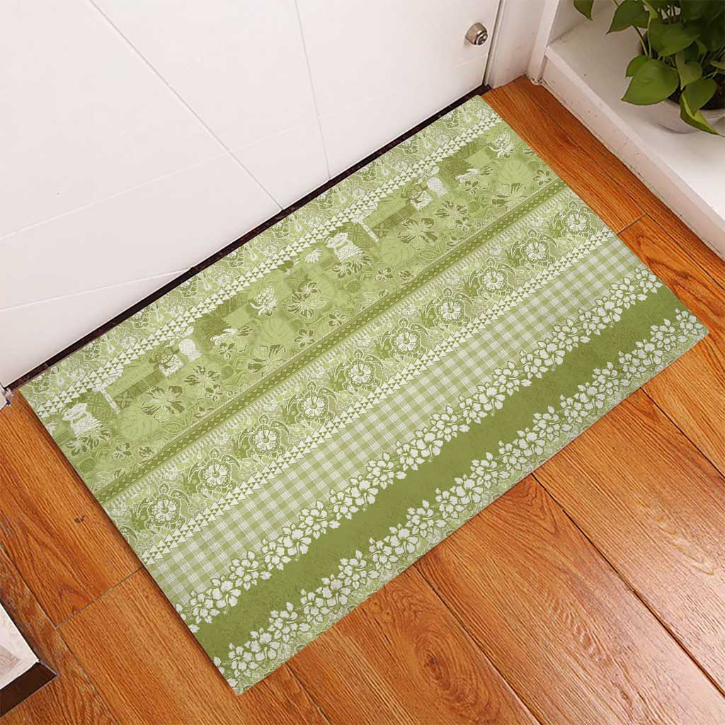 Hawaiian Hibiscus Honu Rubber Doormat Sage Green Mele Kalikimaka Palaka Spirit - Polynesian Pride