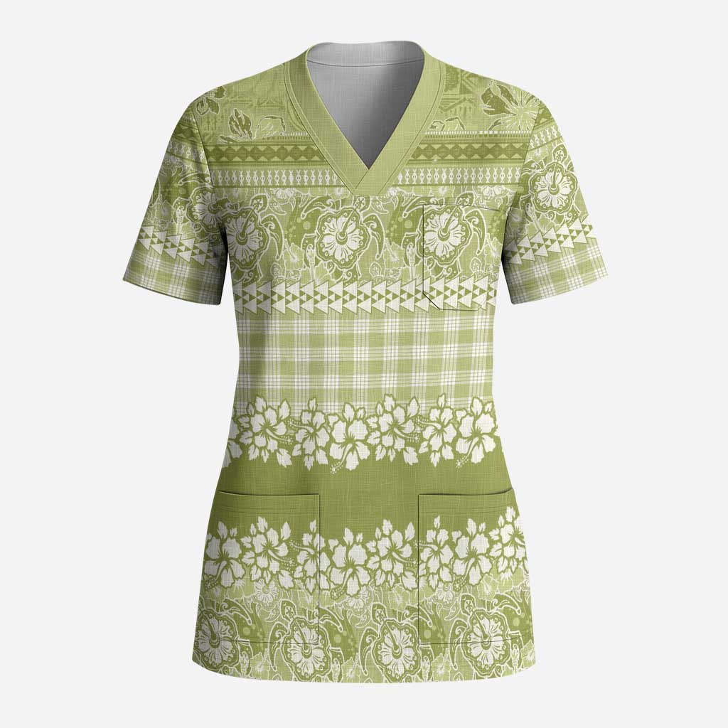 Hawaiian Hibiscus Honu Scrub Top Sage Green Mele Kalikimaka Palaka Spirit - Polynesian Pride