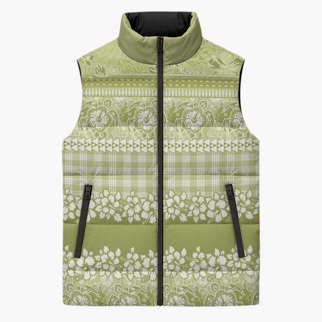 Hawaiian Hibiscus Honu Sleeveless Puffer Jacket Sage Green Mele Kalikimaka Palaka Spirit - Polynesian Pride