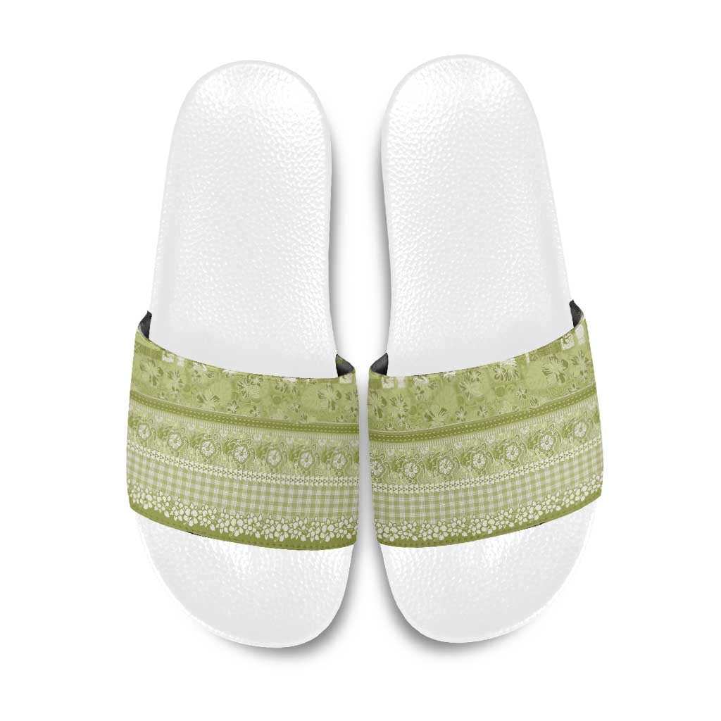Hawaiian Hibiscus Honu Slide Sandals Sage Green Mele Kalikimaka Palaka Spirit - Polynesian Pride