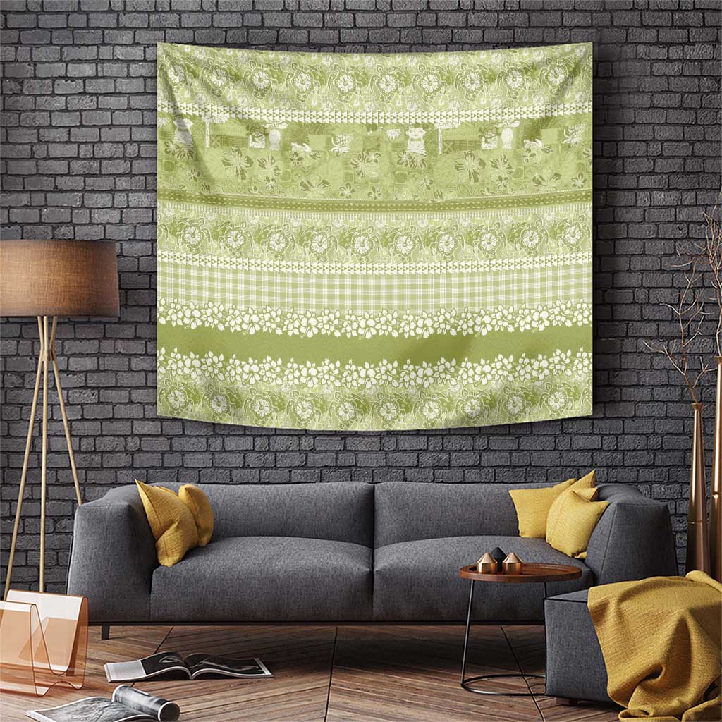Hawaiian Hibiscus Honu Tapestry Sage Green Mele Kalikimaka Palaka Spirit - Polynesian Pride