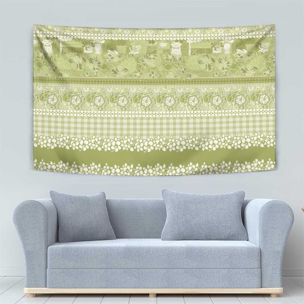 Hawaiian Hibiscus Honu Tapestry Sage Green Mele Kalikimaka Palaka Spirit - Polynesian Pride