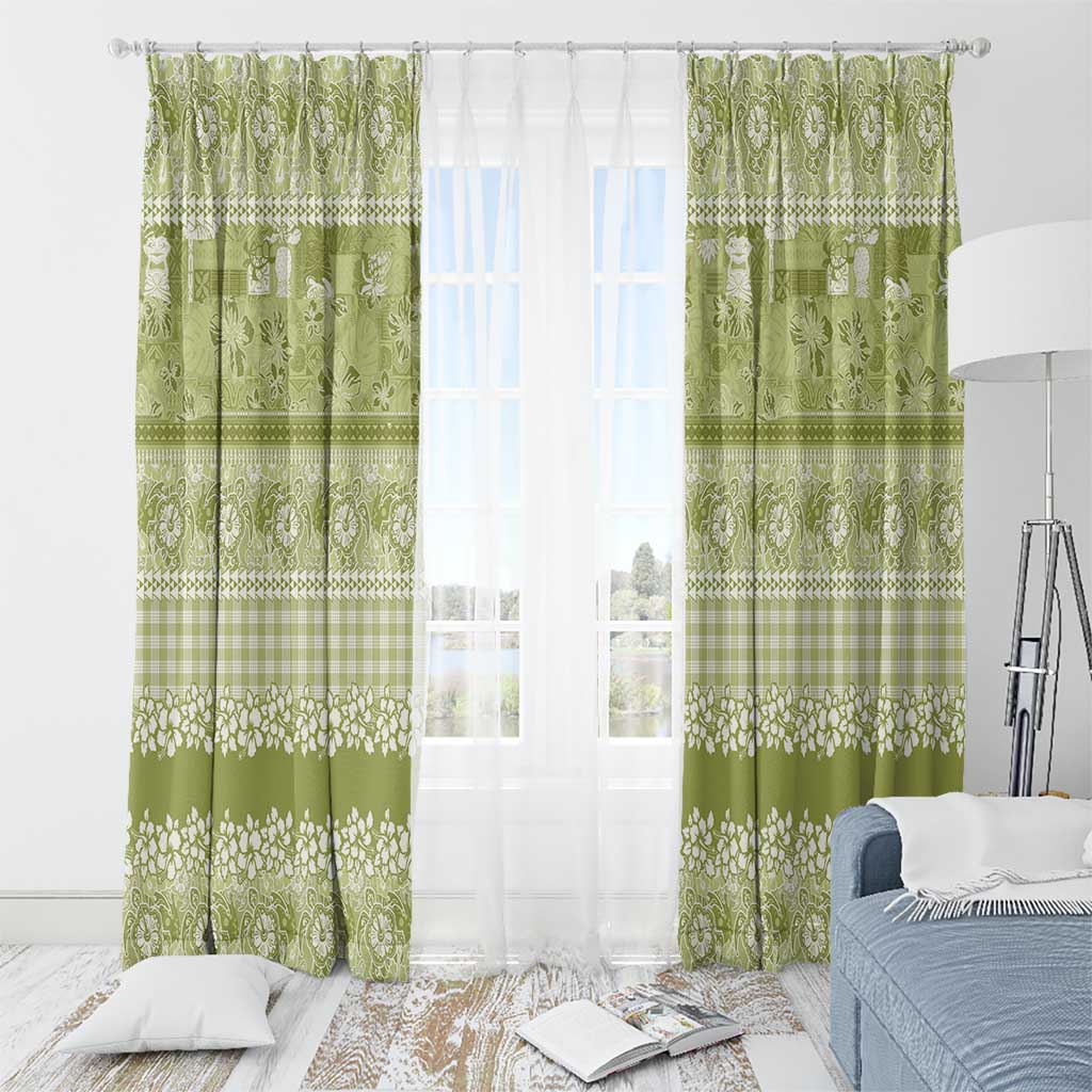 Hawaiian Hibiscus Honu Window Curtain Sage Green Mele Kalikimaka Palaka Spirit - Polynesian Pride