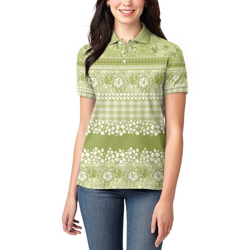 Hawaiian Hibiscus Honu Women Polo Shirt Sage Green Mele Kalikimaka Palaka Spirit - Polynesian Pride