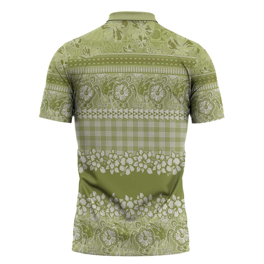 Hawaiian Hibiscus Honu Zipper Polo Shirt Sage Green Mele Kalikimaka Palaka Spirit - Polynesian Pride