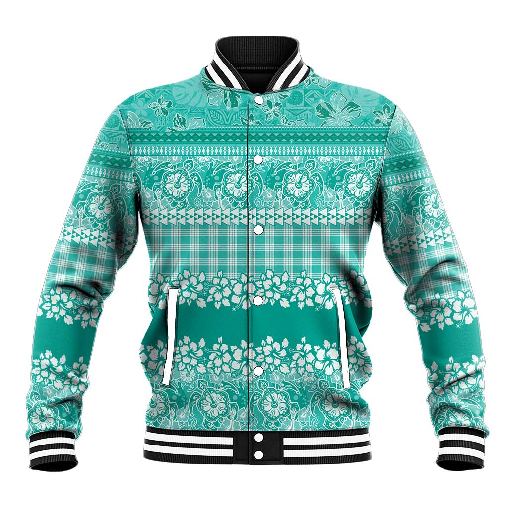Hawaiian Hibiscus Honu Baseball Jacket Turquoise Mele Kalikimaka Palaka Spirit - Polynesian Pride