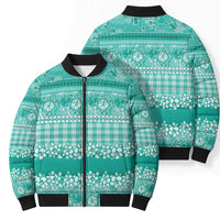 Hawaiian Hibiscus Honu Bomber Puffer Jacket Turquoise Mele Kalikimaka Palaka Spirit - Polynesian Pride