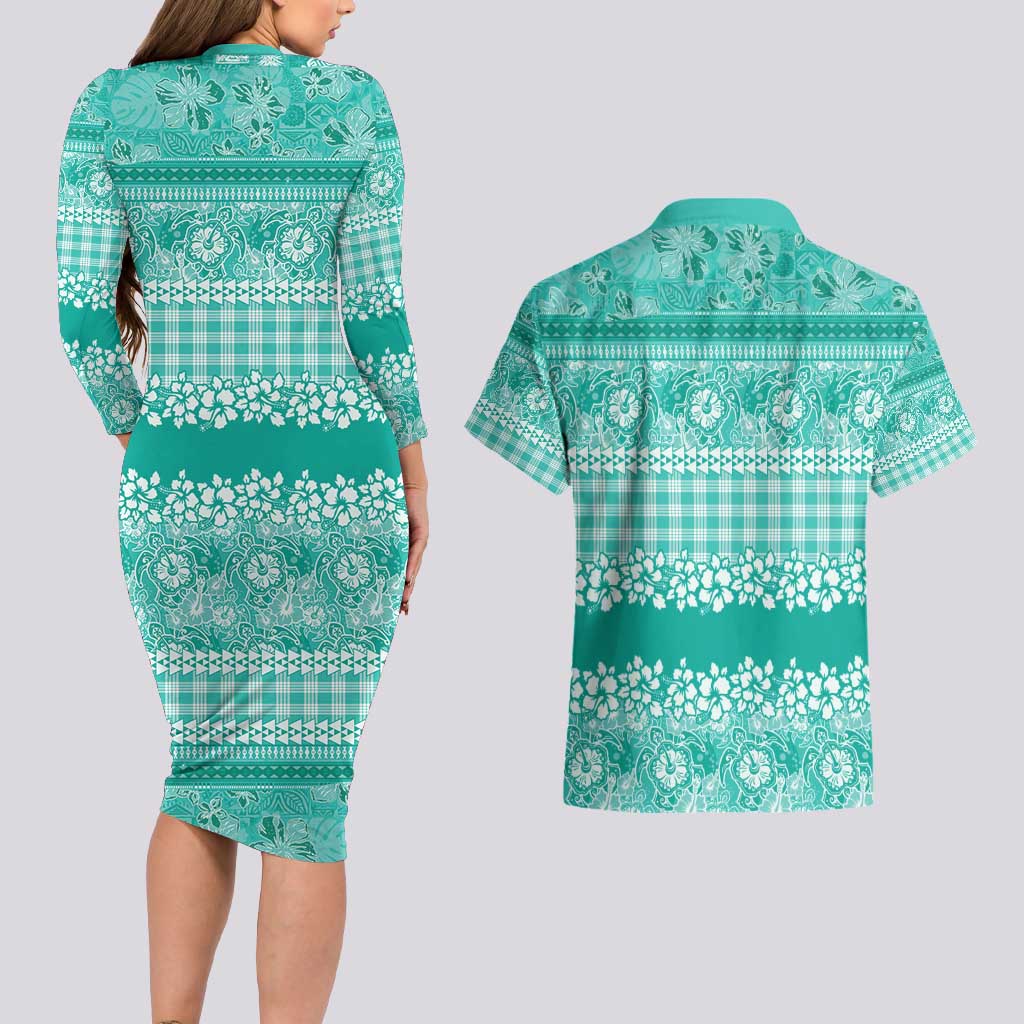 Hawaiian Hibiscus Honu Couples Matching Long Sleeve Bodycon Dress and Hawaiian Shirt Turquoise Mele Kalikimaka Palaka Spirit - Polynesian Pride