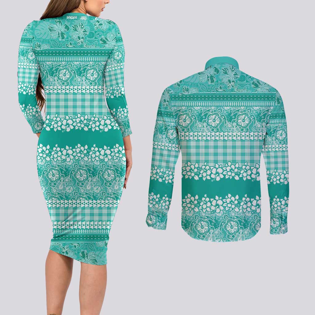 Hawaiian Hibiscus Honu Couples Matching Long Sleeve Bodycon Dress and Long Sleeve Button Shirt Turquoise Mele Kalikimaka Palaka Spirit - Polynesian Pride