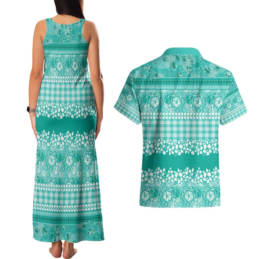 Hawaiian Hibiscus Honu Couples Matching Tank Maxi Dress and Hawaiian Shirt Turquoise Mele Kalikimaka Palaka Spirit - Polynesian Pride