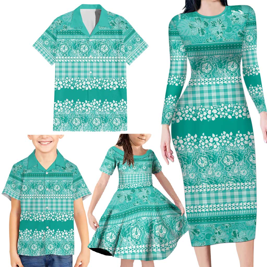 Hawaiian Hibiscus Honu Family Matching Long Sleeve Bodycon Dress and Hawaiian Shirt Turquoise Mele Kalikimaka Palaka Spirit - Polynesian Pride