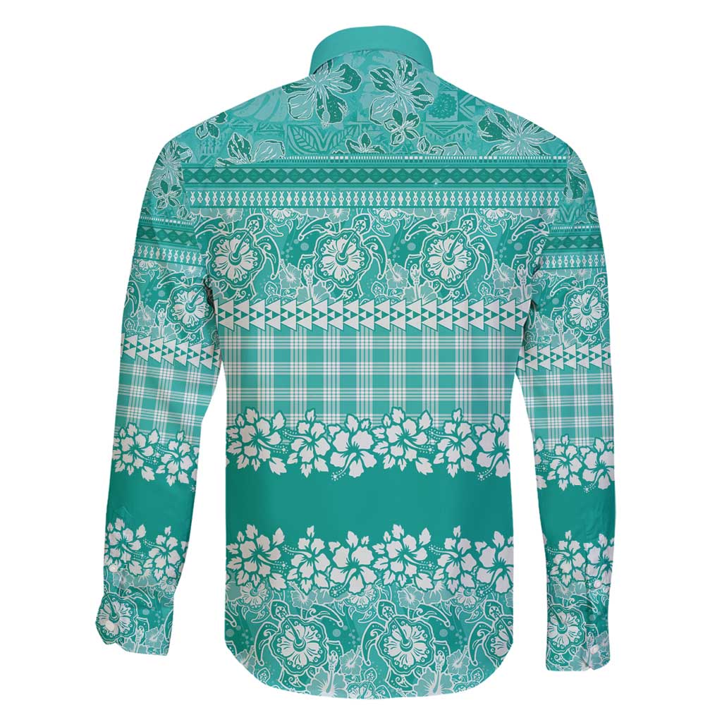 Hawaiian Hibiscus Honu Family Matching Long Sleeve Bodycon Dress and Hawaiian Shirt Turquoise Mele Kalikimaka Palaka Spirit - Polynesian Pride