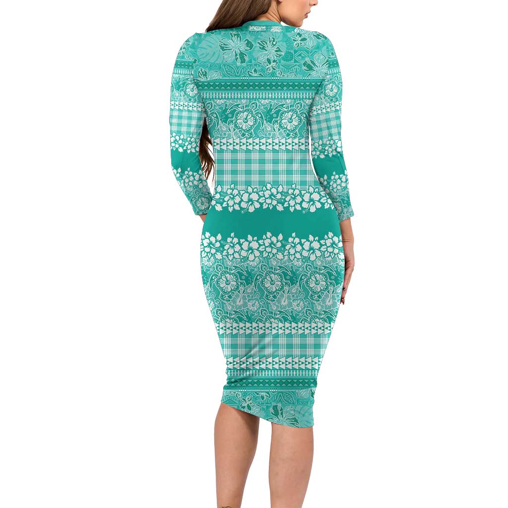Hawaiian Hibiscus Honu Family Matching Long Sleeve Bodycon Dress and Hawaiian Shirt Turquoise Mele Kalikimaka Palaka Spirit - Polynesian Pride