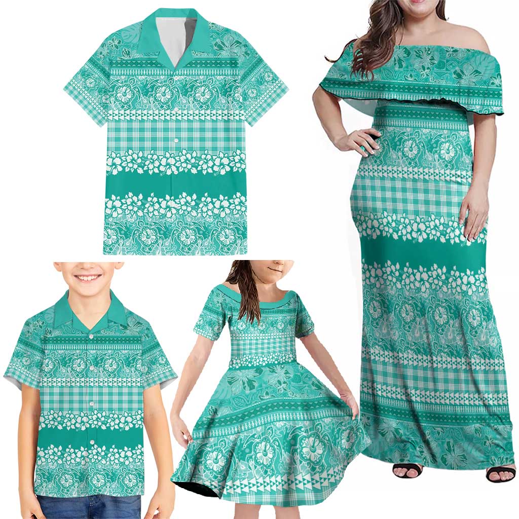 Hawaiian Hibiscus Honu Family Matching Off Shoulder Maxi Dress and Hawaiian Shirt Turquoise Mele Kalikimaka Palaka Spirit - Polynesian Pride
