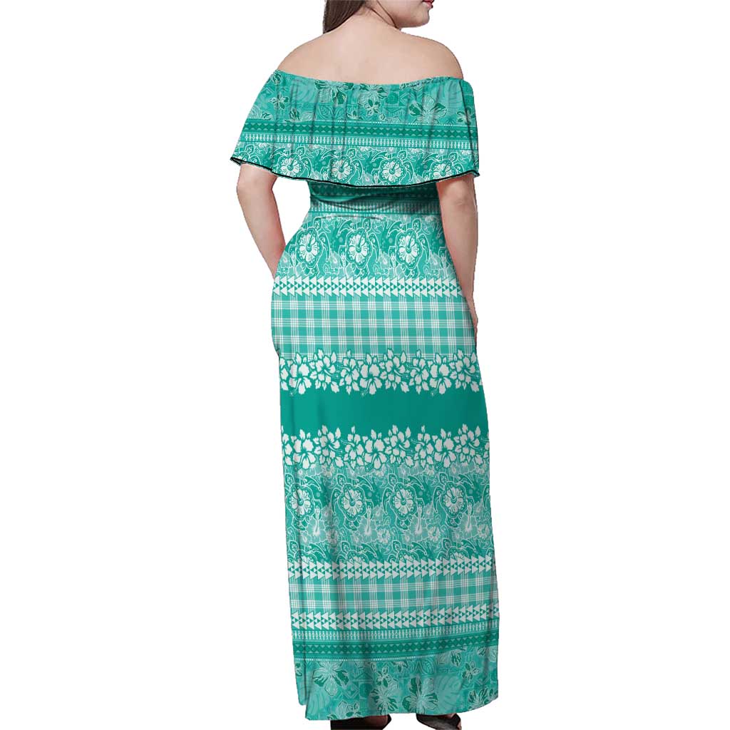 Hawaiian Hibiscus Honu Family Matching Off Shoulder Maxi Dress and Hawaiian Shirt Turquoise Mele Kalikimaka Palaka Spirit - Polynesian Pride