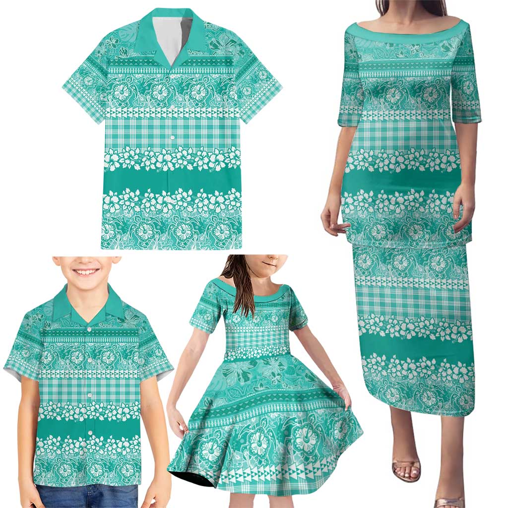 Hawaiian Hibiscus Honu Family Matching Puletasi and Hawaiian Shirt Turquoise Mele Kalikimaka Palaka Spirit - Polynesian Pride