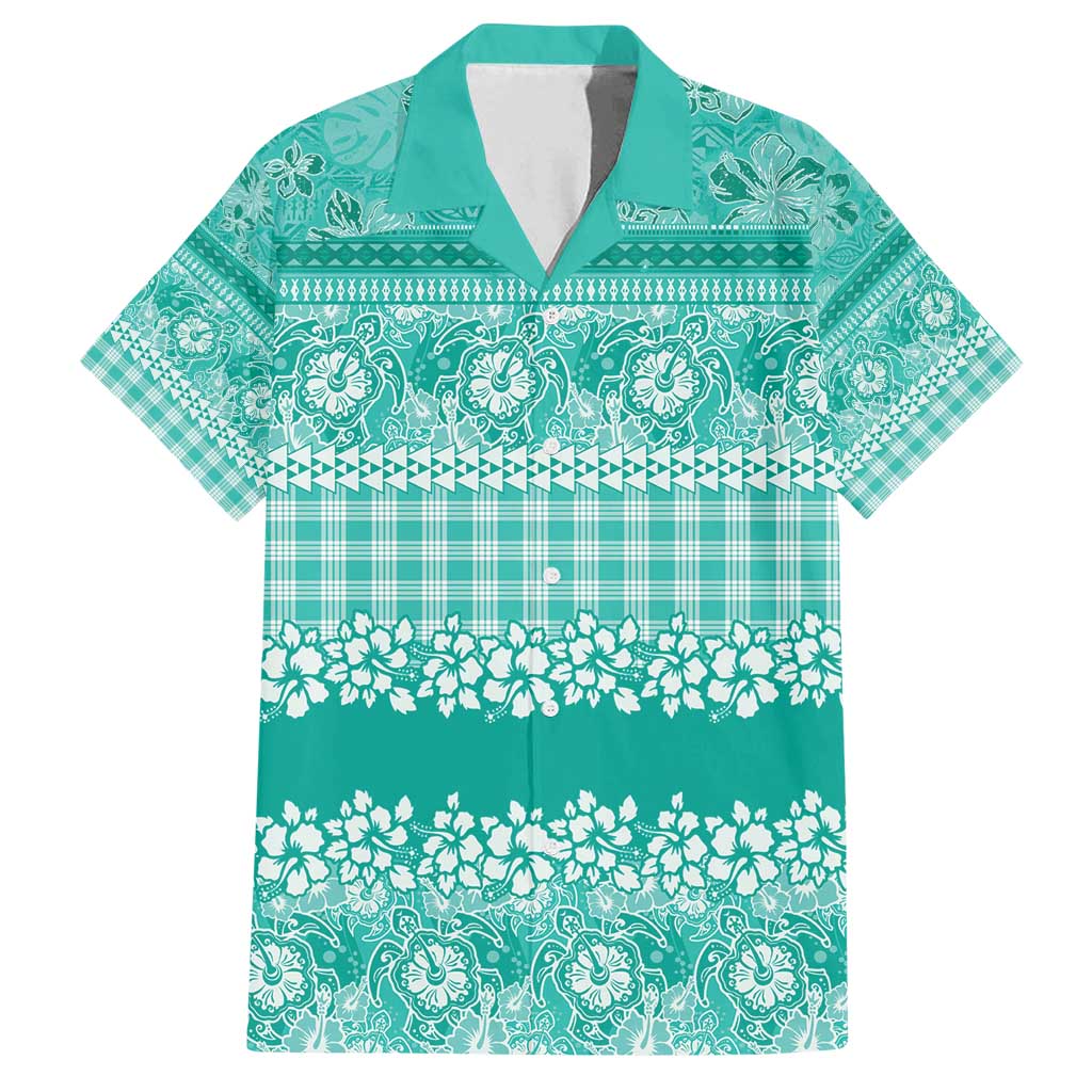 Hawaiian Hibiscus Honu Family Matching Tank Maxi Dress and Hawaiian Shirt Turquoise Mele Kalikimaka Palaka Spirit - Polynesian Pride