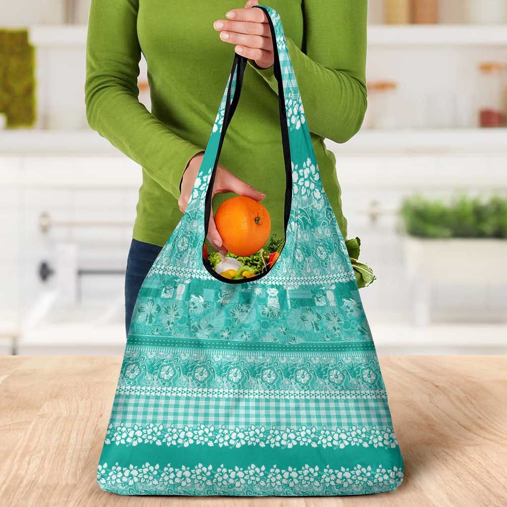 Hawaiian Hibiscus Honu Grocery Bag Turquoise Mele Kalikimaka Palaka Spirit - Polynesian Pride