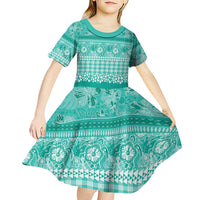 Hawaiian Hibiscus Honu Kid Short Sleeve Dress Turquoise Mele Kalikimaka Palaka Spirit - Polynesian Pride
