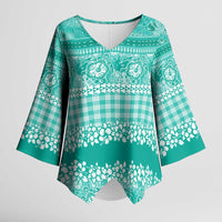 Hawaiian Hibiscus Honu Kimono Sleeve Blouse Turquoise Mele Kalikimaka Palaka Spirit - Polynesian Pride