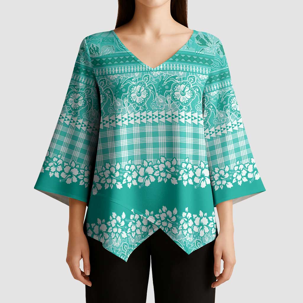 Hawaiian Hibiscus Honu Kimono Sleeve Blouse Turquoise Mele Kalikimaka Palaka Spirit - Polynesian Pride