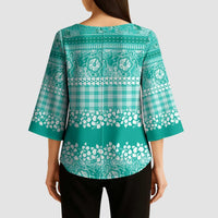 Hawaiian Hibiscus Honu Kimono Sleeve Blouse Turquoise Mele Kalikimaka Palaka Spirit - Polynesian Pride